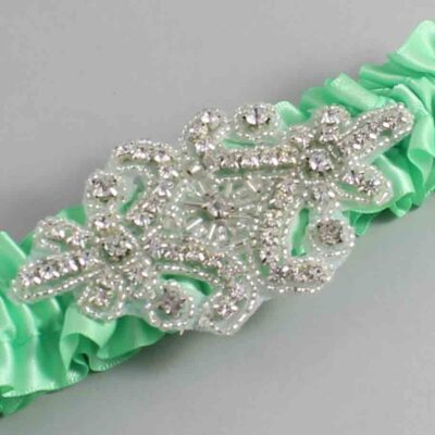 Mint Satin Wedding Garter / Solid Green Wedding Garters / Heather # (531-531)-01-A07-Silver