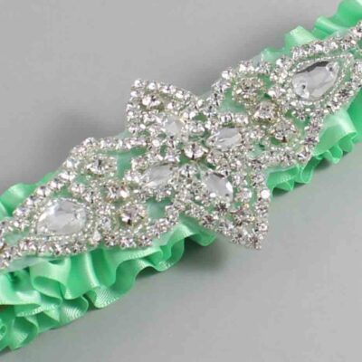 Mint Satin Wedding Garter / Solid Green Wedding Garters / Lorine # (531-531)-01-A09-Silver