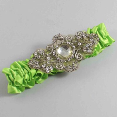 Green Yellow Satin with Brown Wedding Garter / Green Wedding Garters / Bijou # (550-550)-01-A01-Antique