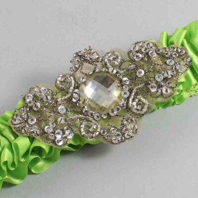 Green Yellow Satin with Brown Wedding Garter / Green Wedding Garters / Bijou # (550-550)-01-A01-Antique