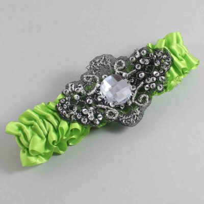 Green Yellow Satin with Black Wedding Garter / Green Wedding Garters / Bijou # (550-550)-01-A02-Black