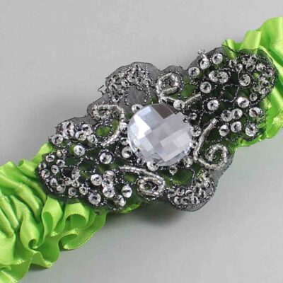 Green Yellow Satin with Black Wedding Garter / Green Wedding Garters / Bijou # (550-550)-01-A02-Black