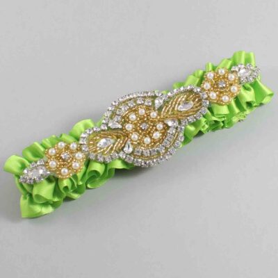 Green Yellow Satin with Gold Wedding Garter / Green Wedding Garters / Charlotte # (550-550)-01-A05-Gold