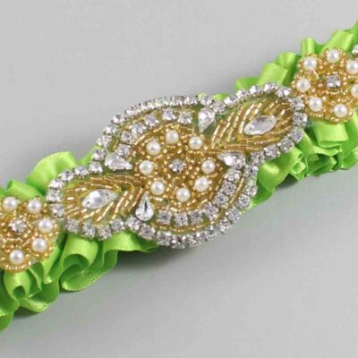 Green Yellow Satin with Gold Wedding Garter / Green Wedding Garters / Charlotte # (550-550)-01-A05-Gold