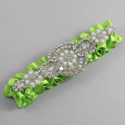 Green Yellow Satin Wedding Garter / Solid Green Wedding Garters / Charlotte # (550-550)-01-A06-Silver