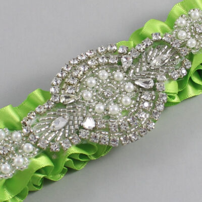 Green Yellow Satin Wedding Garter / Solid Green Wedding Garters / Charlotte # (550-550)-01-A06-Silver