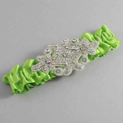 Green Yellow Satin Wedding Garter / Solid Green Wedding Garters / Heather # (550-550)-01-A07-Silver