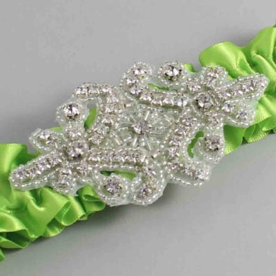 Green Yellow Satin Wedding Garter / Solid Green Wedding Garters / Heather # (550-550)-01-A07-Silver