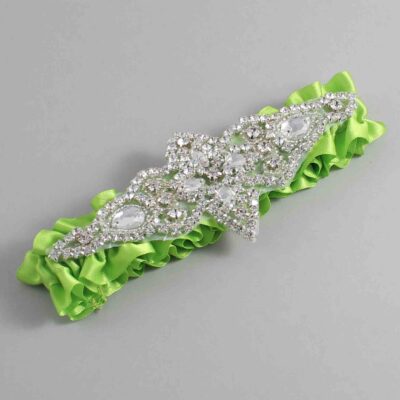 Green Yellow Satin Wedding Garter / Solid Green Wedding Garters / Lorine # (550-550)-01-A09-Silver
