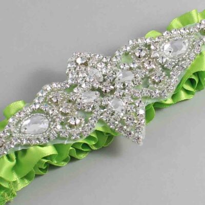 Green Yellow Satin Wedding Garter / Solid Green Wedding Garters / Lorine # (550-550)-01-A09-Silver