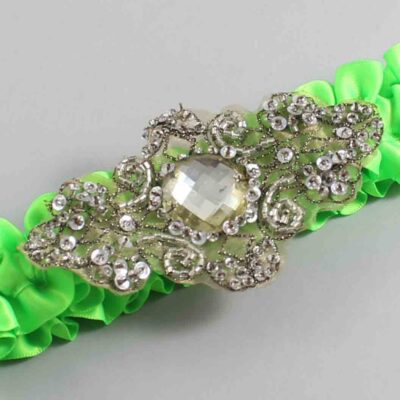 Acid Green Satin with Brown Wedding Garter / Green Wedding Garters / Bijou # (556-556)-01-A01-Antique