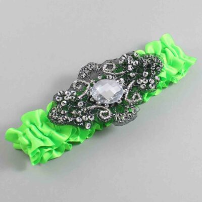 Acid Green Satin with Black Wedding Garter / Green Wedding Garters / Bijou # (556-556)-01-A02-Black