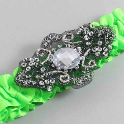 Acid Green Satin with Black Wedding Garter / Green Wedding Garters / Bijou # (556-556)-01-A02-Black