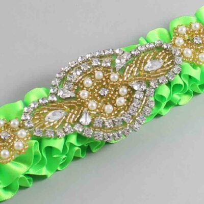 Acid Green Satin with Gold Wedding Garter / Green Wedding Garters / Charlotte # (556-556)-01-A05-Gold