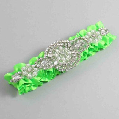 Acid Green Satin Wedding Garter / Solid Green Wedding Garters / Charlotte # (556-556)-01-A06-Silver