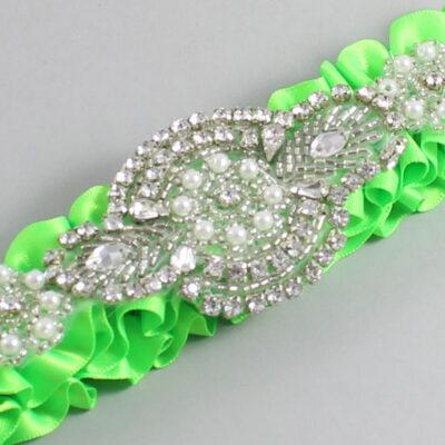 Acid Green Satin Wedding Garter / Solid Green Wedding Garters / Charlotte # (556-556)-01-A06-Silver