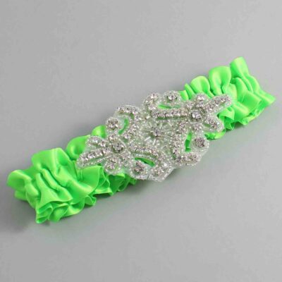 Acid Green Satin Wedding Garter / Solid Green Wedding Garters / Heather # (556-556)-01-A07-Silver