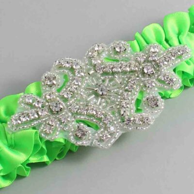 Acid Green Satin Wedding Garter / Solid Green Wedding Garters / Heather # (556-556)-01-A07-Silver