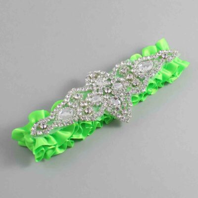 Acid Green Satin Wedding Garter / Solid Green Wedding Garters / Lorine # (556-556)-01-A09-Silver
