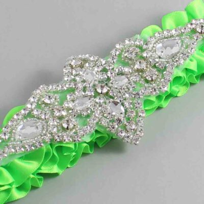Acid Green Satin Wedding Garter / Solid Green Wedding Garters / Lorine # (556-556)-01-A09-Silver