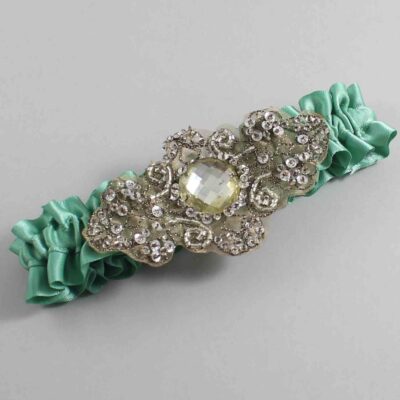 Celadon Satin with Brown Wedding Garter / Green Wedding Garters / Bijou # (564-564)-01-A01-Antique