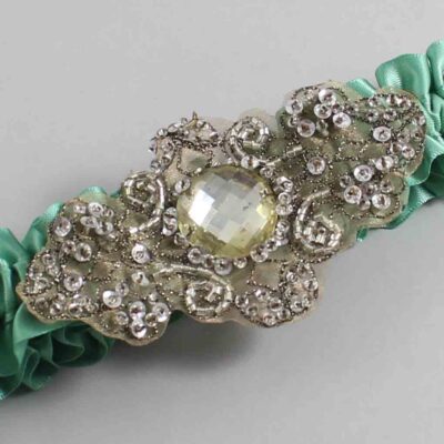 Celadon Satin with Brown Wedding Garter / Green Wedding Garters / Bijou # (564-564)-01-A01-Antique