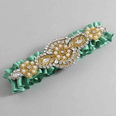 Celadon Satin with Gold Wedding Garter / Green Wedding Garters / Charlotte # (564-564)-01-A05-Gold