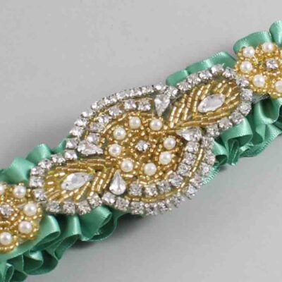 Celadon Satin with Gold Wedding Garter / Green Wedding Garters / Charlotte # (564-564)-01-A05-Gold