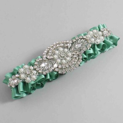 Celadon Satin Wedding Garter / Solid Green Wedding Garters / Charlotte # (564-564)-01-A06-Silver