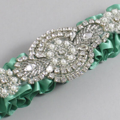 Celadon Satin Wedding Garter / Solid Green Wedding Garters / Charlotte # (564-564)-01-A06-Silver