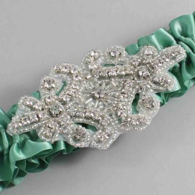 Celadon Satin Wedding Garter / Solid Green Wedding Garters / Heather # (564-564)-01-A07-Silver