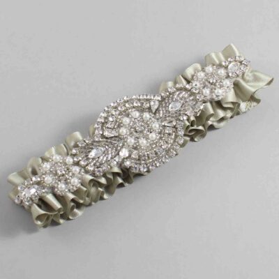 Olive Gray Satin Wedding Garter / Solid Green Wedding Garters / Charlotte # (565-565)-01-A06-Silver