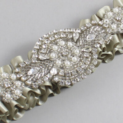 Olive Gray Satin Wedding Garter / Solid Green Wedding Garters / Charlotte # (565-565)-01-A06-Silver