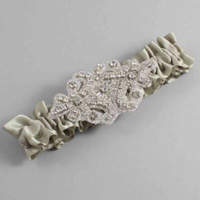 Olive Gray Satin Wedding Garter / Solid Green Wedding Garters / Heather # (565-565)-01-A07-Silver