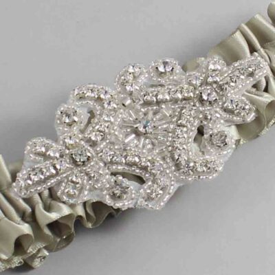 Olive Gray Satin Wedding Garter / Solid Green Wedding Garters / Heather # (565-565)-01-A07-Silver