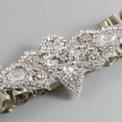 Olive Gray Satin Wedding Garter / Solid Green Wedding Garters / Lorine # (565-565)-01-A09-Silver