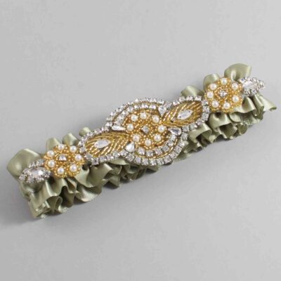 Soft Pine Satin with Gold Wedding Garter / Green Wedding Garters / Charlotte # (566-566)-01-A05-Gold