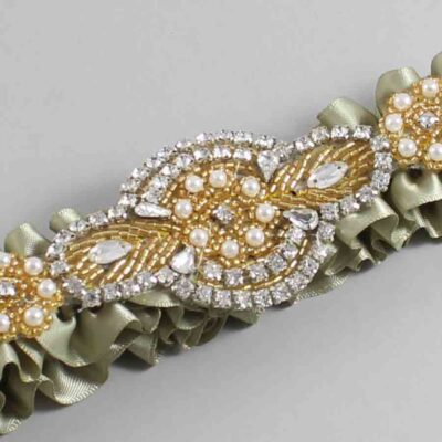 Soft Pine Satin with Gold Wedding Garter / Green Wedding Garters / Charlotte # (566-566)-01-A05-Gold