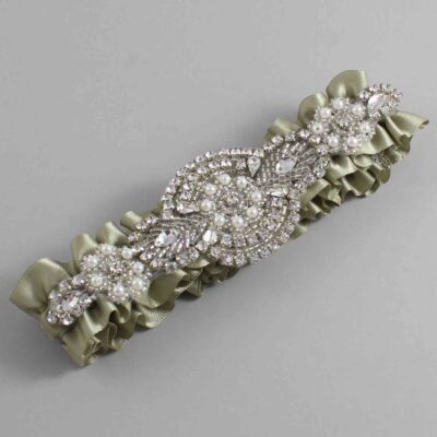 Soft Pine Satin Wedding Garter / Solid Green Wedding Garters / Charlotte # (566-566)-01-A06-Silver