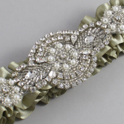 Soft Pine Satin Wedding Garter / Solid Green Wedding Garters / Charlotte # (566-566)-01-A06-Silver