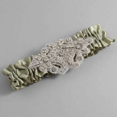 Soft Pine Satin Wedding Garter / Solid Green Wedding Garters / Heather # (566-566)-01-A07-Silver