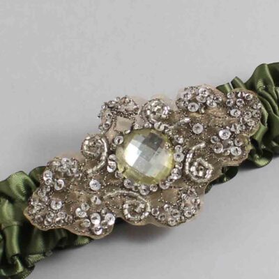 Moss Satin with Brown Wedding Garter / Green Wedding Garters / Bijou # (570-570)-01-A01-Antique