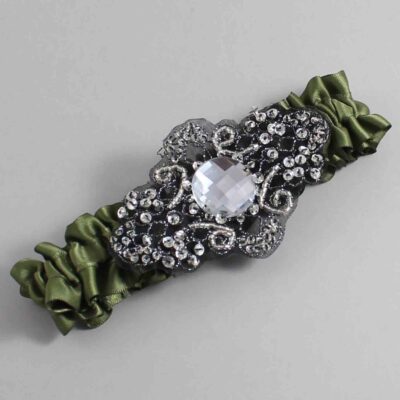 Moss Satin with Black Wedding Garter / Green Wedding Garters / Bijou # (570-570)-01-A02-Black