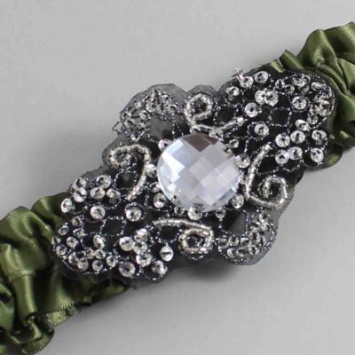 Moss Satin with Black Wedding Garter / Green Wedding Garters / Bijou # (570-570)-01-A02-Black