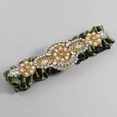 Moss Satin with Gold Wedding Garter / Green Wedding Garters / Charlotte # (570-570)-01-A05-Gold