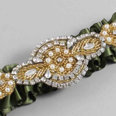 Moss Satin with Gold Wedding Garter / Green Wedding Garters / Charlotte # (570-570)-01-A05-Gold