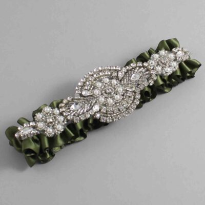 Moss Satin Wedding Garter / Solid Green Wedding Garters / Charlotte # (570-570)-01-A06-Silver