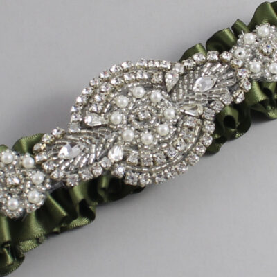 Moss Satin Wedding Garter / Solid Green Wedding Garters / Charlotte # (570-570)-01-A06-Silver