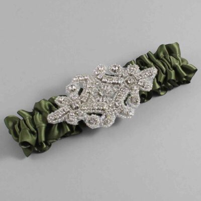 Moss Satin Wedding Garter / Solid Green Wedding Garters / Heather # (570-570)-01-A07-Silver