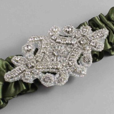 Moss Satin Wedding Garter / Solid Green Wedding Garters / Heather # (570-570)-01-A07-Silver